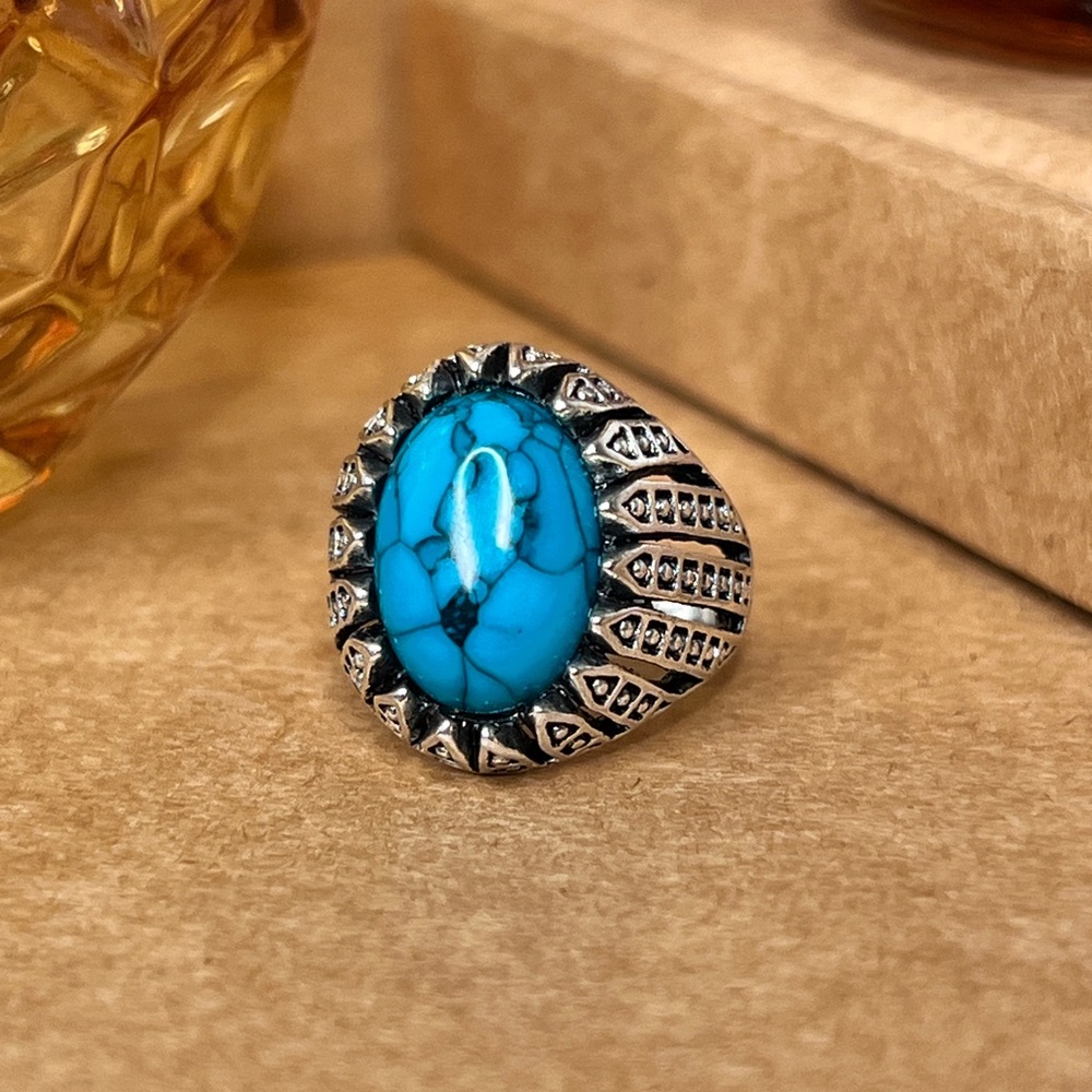 Vintage Sterling Silver Turquoise Ring w Intricate Detail Band Size 6.5 SKU:77
